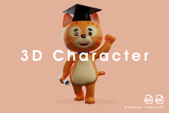 3D Cat Cartoon Design on Graduation Day